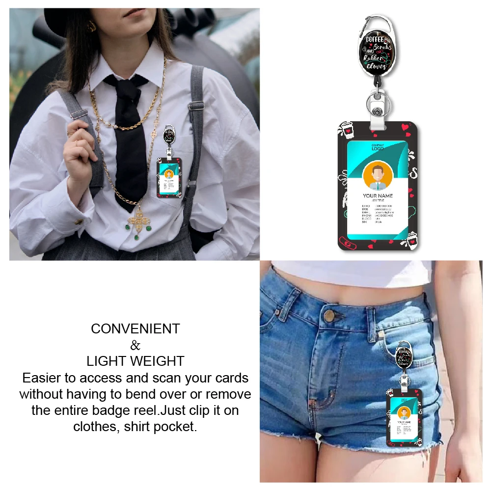 Coffee Clove and ID badge holders with retractable reel and detachable lanyard badge holder with retractable heavy badge reel