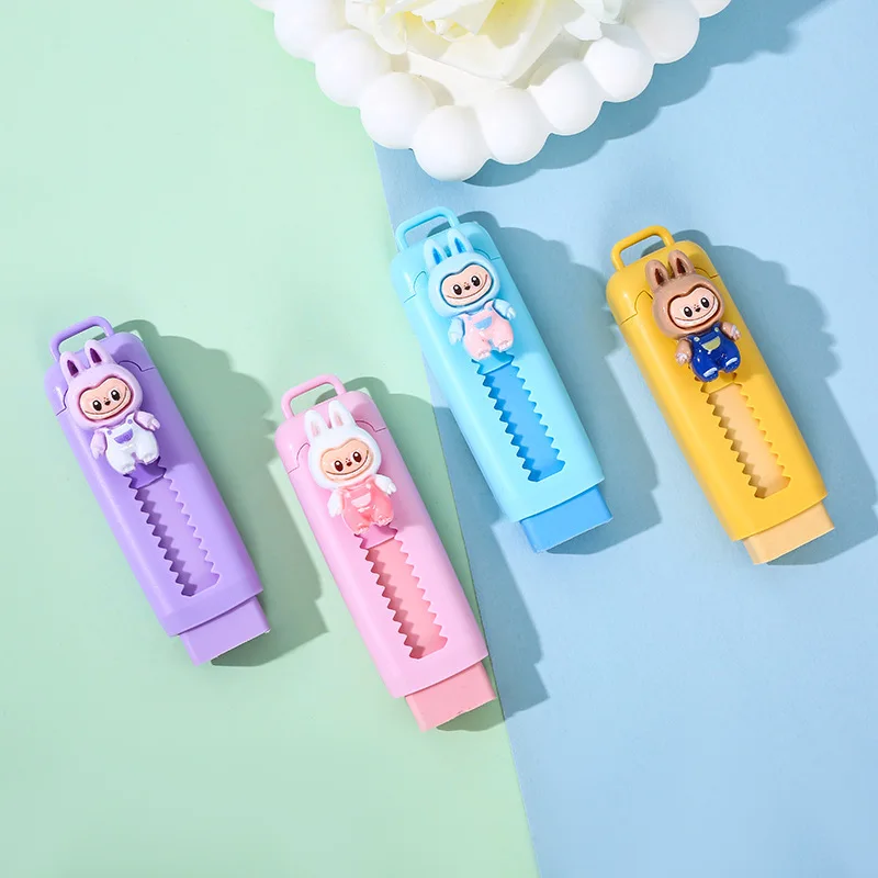 hot selling student cartoon labubu yiwu lovely school gift pencil products colorful stationary push pull press eraser for kids