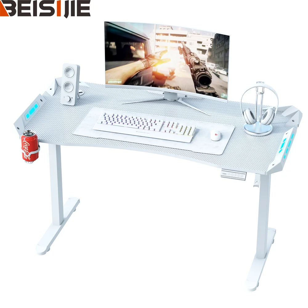 Beisijie White Durable PC Gamer Used RGB Height Adjustable Lift Desk Gaming Table Computer Desk Electric Desk