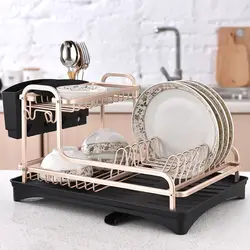 Kitchen Dish Drainer Double-layer Multi-functional Tableware Cup Chopsticks Rack Dish Rack Bowl Rack Space Aluminum Metal Square