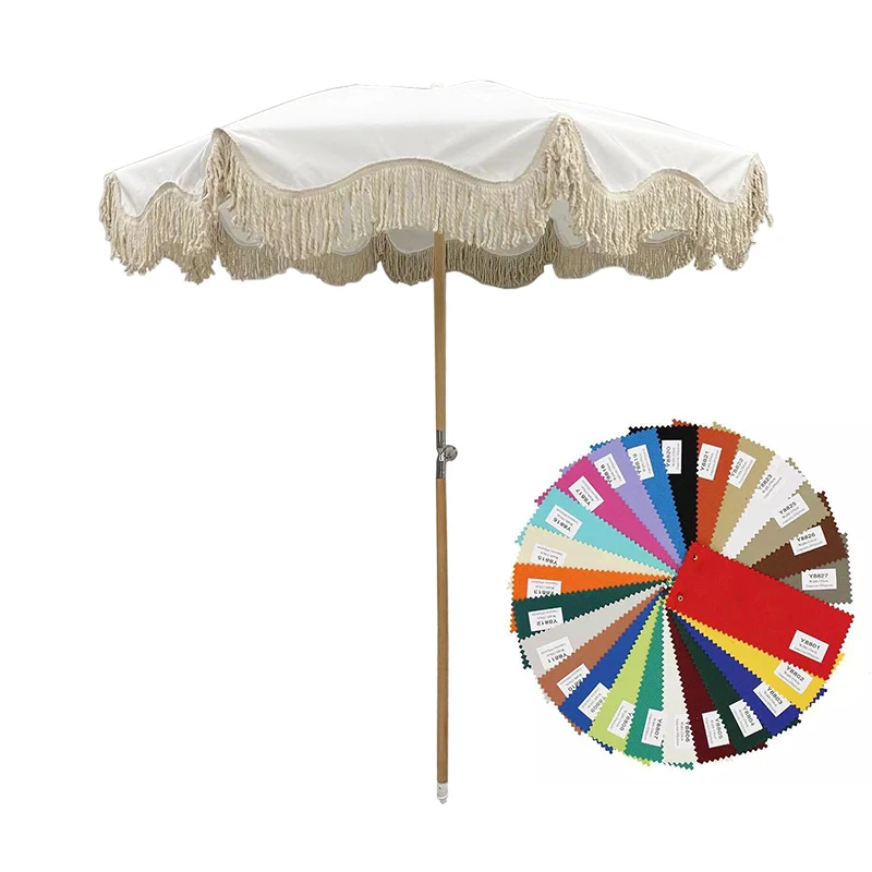 Customized supplier cheap foldable wooden beach umbrella with tassels