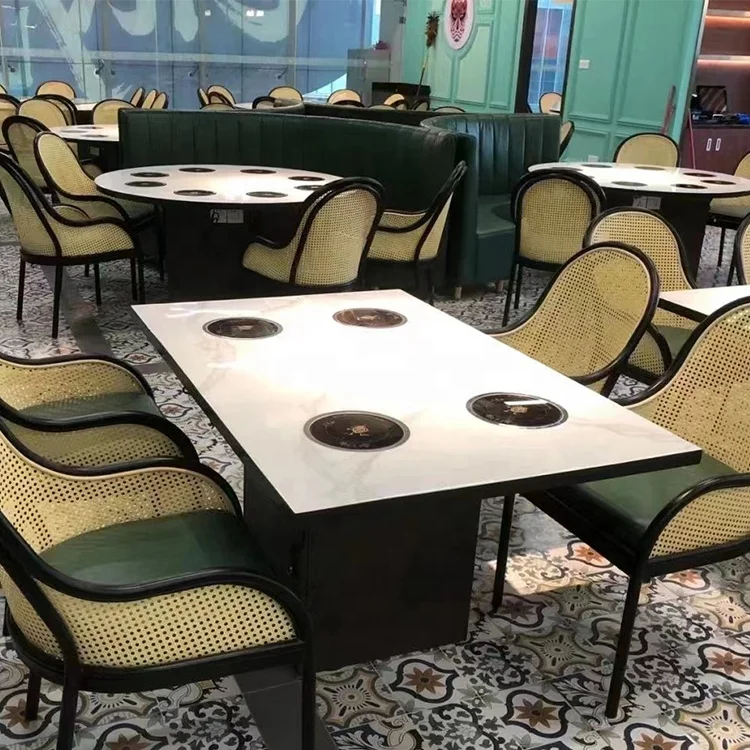 Custom glass marble wood tabletop electric restaurant individual hot pot table with induction cookers