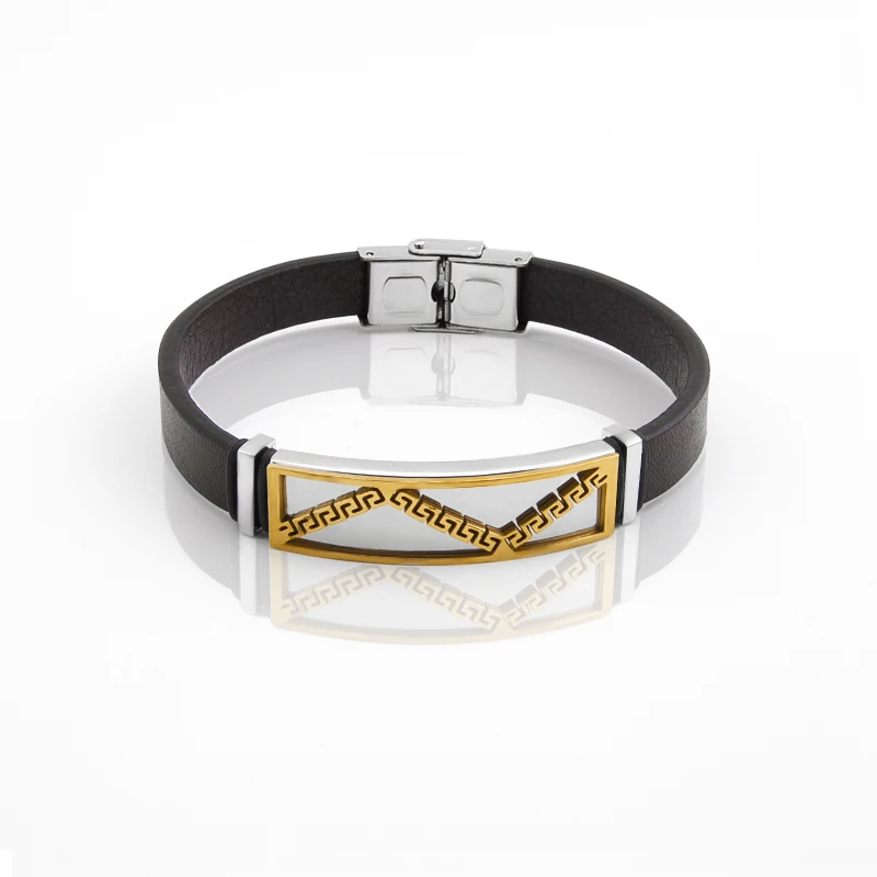  Punk high quality leather bracelet jewelry Custom LOGO stainless steel gold plated bangle for