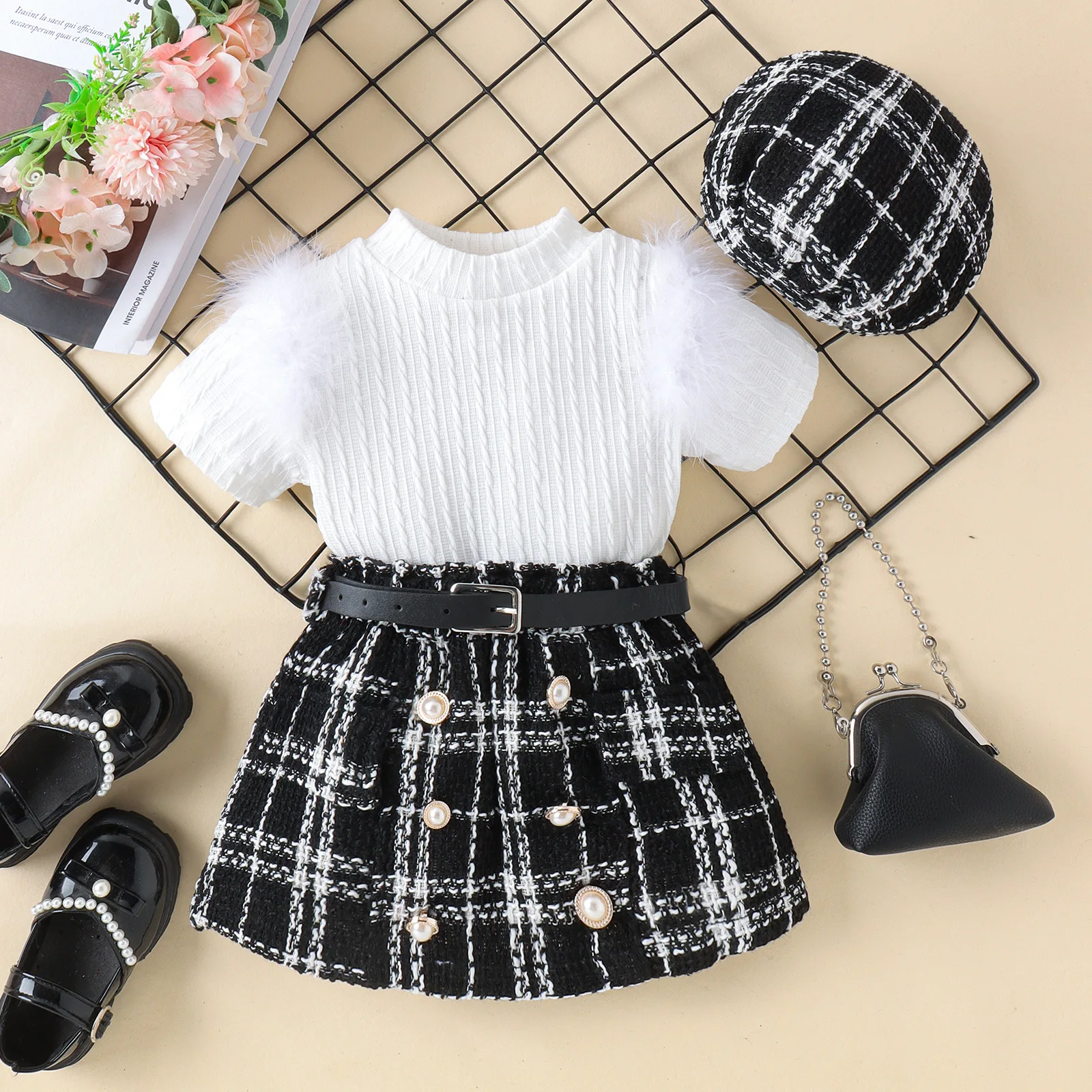Ins European Style Polka Dot Lapel Single Breasted Long Sleeve Top With Halter Bow Skirt 3pcs Set Suit For Toddlers Girls