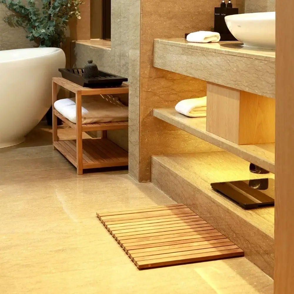 Teak Shower and Bath String Mat - Indoor and Outdoor Use - Non-Slip Wooden Platform for Sauna, Pool, Hot Tub Flooring Decor