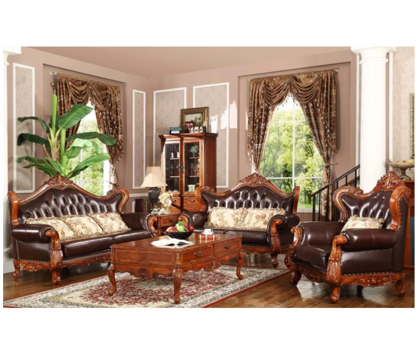 Modern Living Room Set Home Hotel Use Furniture Design Wooden Leather Sofa Classic Luxury Sofa American Style Furniture GML06