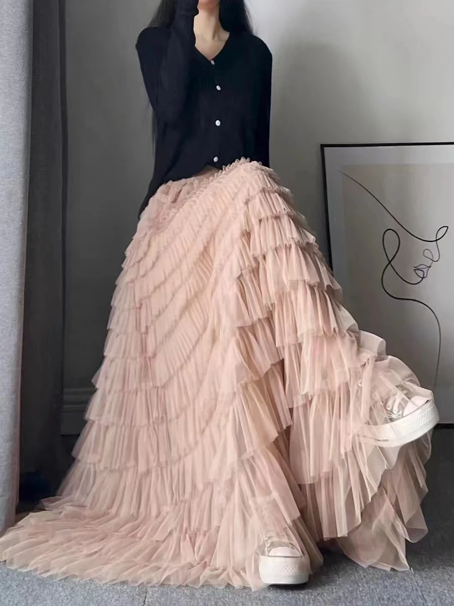 High Waist Ruffle Pleated Tiered Midi Flowy Pink Tulle Cake Skirts