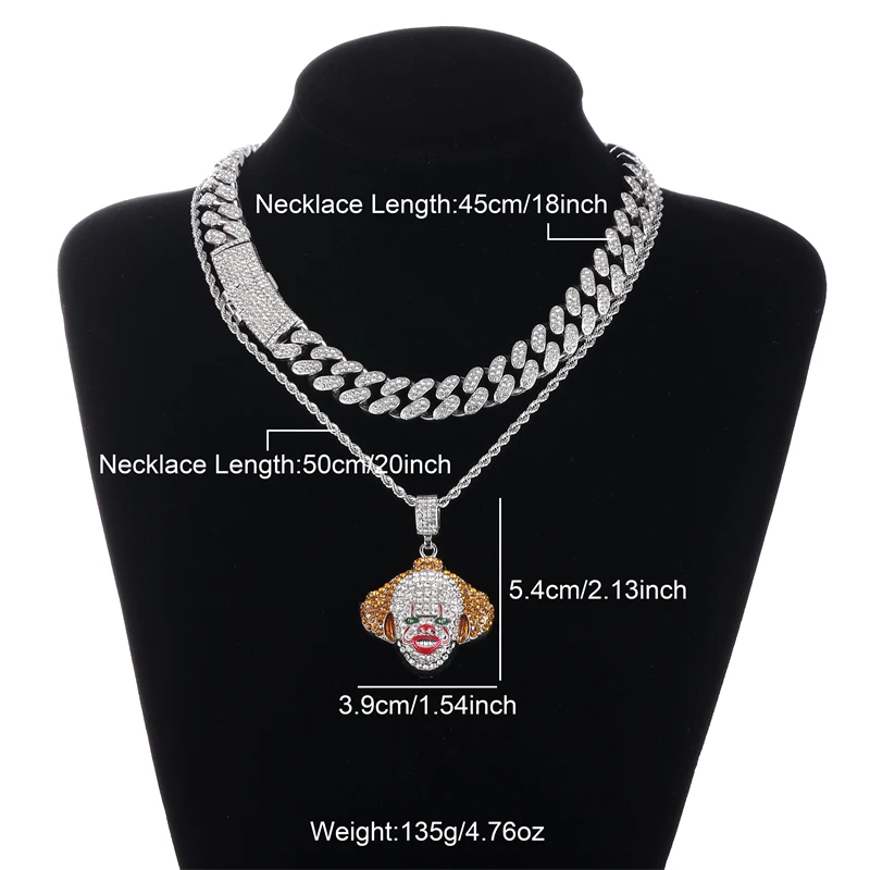Hiphop Personality Iced Out Jewelry 18inch Alloy Cuban Chain Clown Mask Pendant Necklace Gifts Forfriends on Halloween