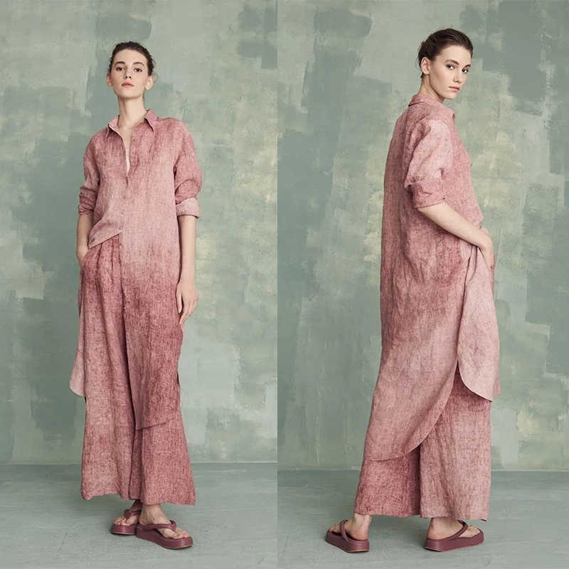 Custom Linen Clothing Fall New French Loose Hemp Long Sleeve Pants Suit Green Two Piece Blouse Set