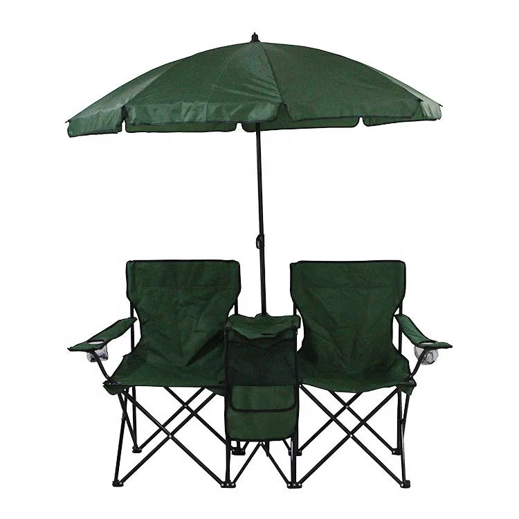Picnic group foldable 2 person double portable camping beach chair with umbrella cooling bag