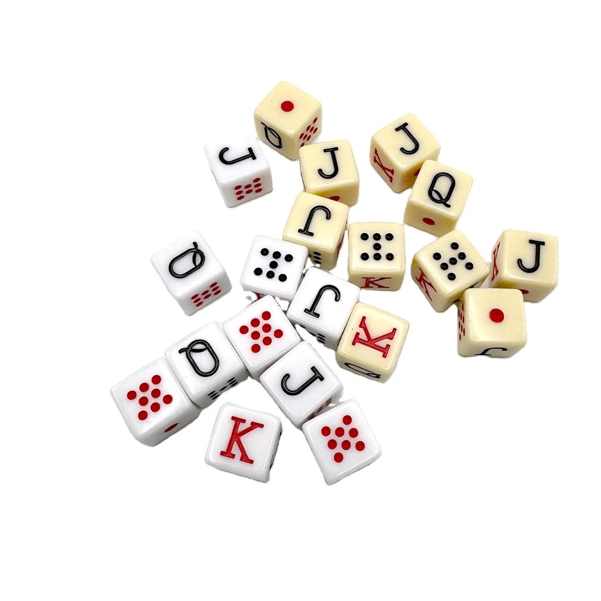 10pcs Spanish Poker Dice Ivory 6 Sided Square JQK Dice Plastic Table Game Dice Set White 16mm 6-Sided Card Symbols Dot K Q J 8 7
