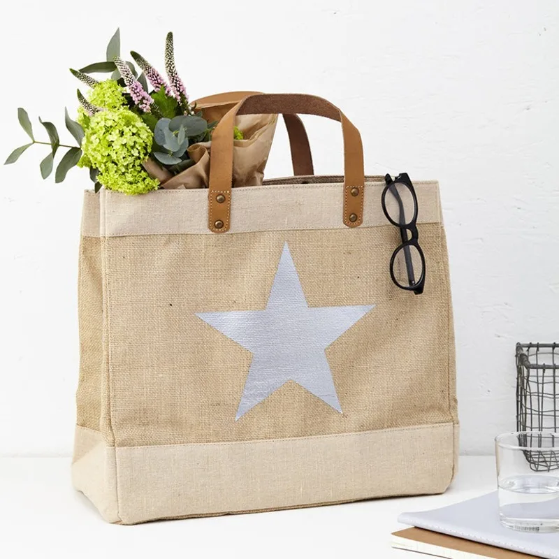 High Quality Recycled Custom Jute Bag Burlap Jute Tote Bags With Leather Handles Wholesale