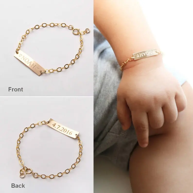 Custom Made Vacuum Gold Plated Personalized engravable/laser birthday custom Charm Baby Name Blank Bar Bracelet