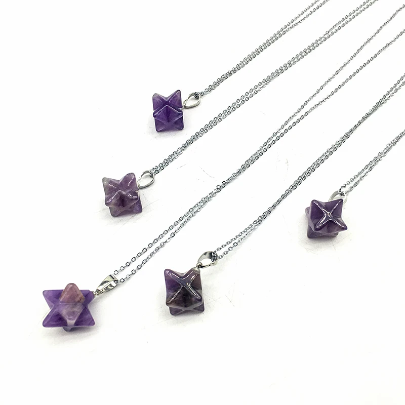 Wholesale Hot Sale natural stone Meditation Spiritual Healing amethyst Crystal Merkaba Star Pendant For women gift