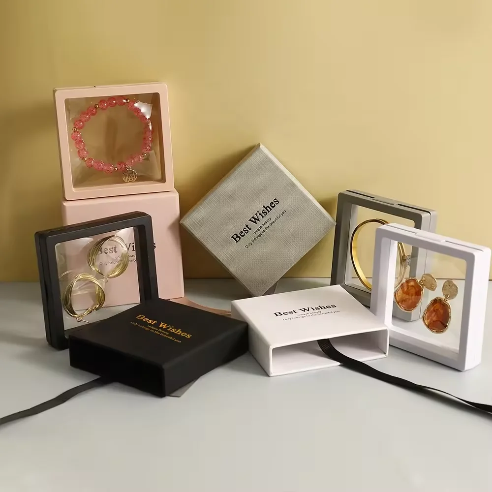 7.5*7.5cm Jewelry box Transparent PE Film Display Box with ribbon Necklace Bracelet Ring Earring Packing Box With logo