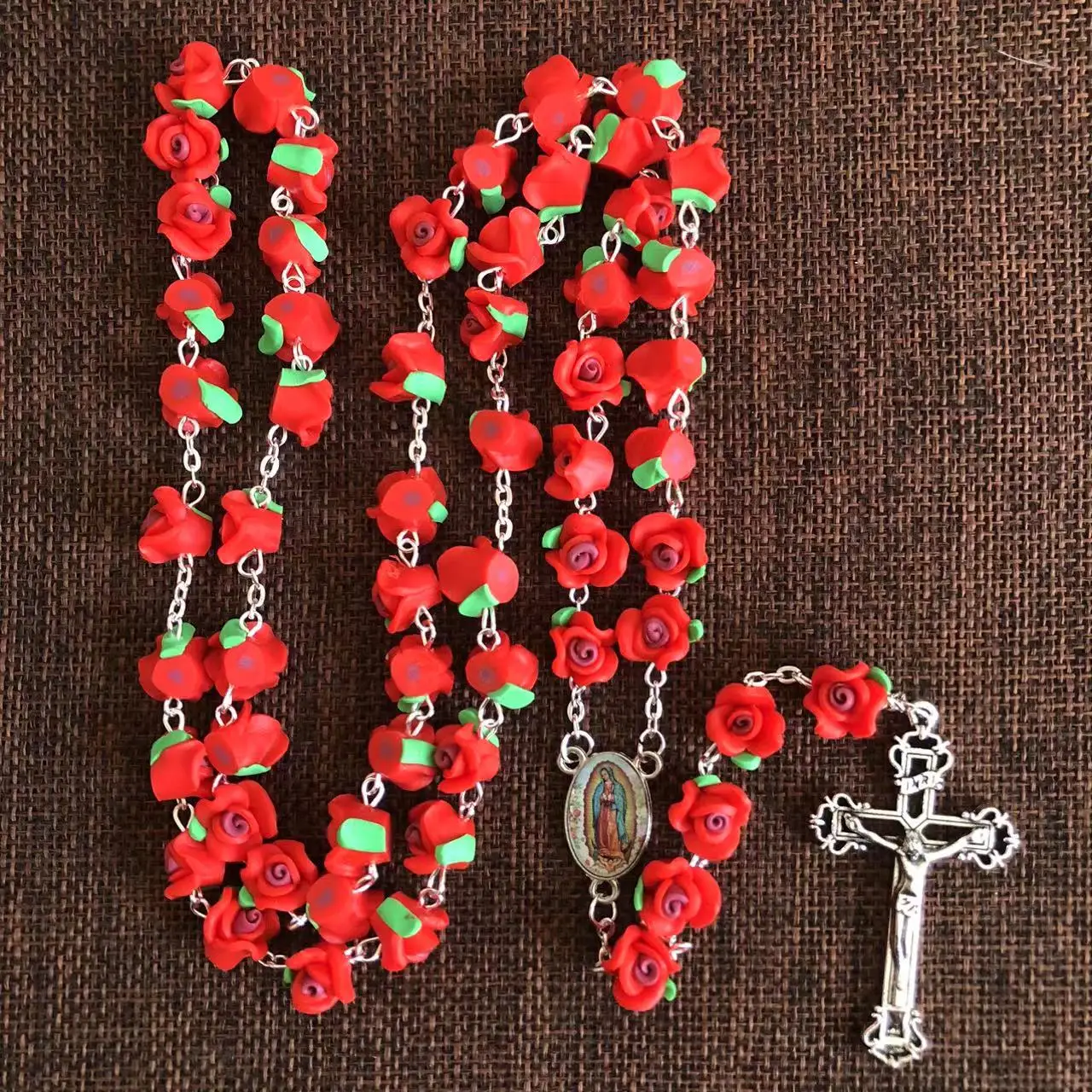 Red soft ceramic rose beads rosary polymer clay necklace with Jesus cross Virgin Guadalupe rosary center