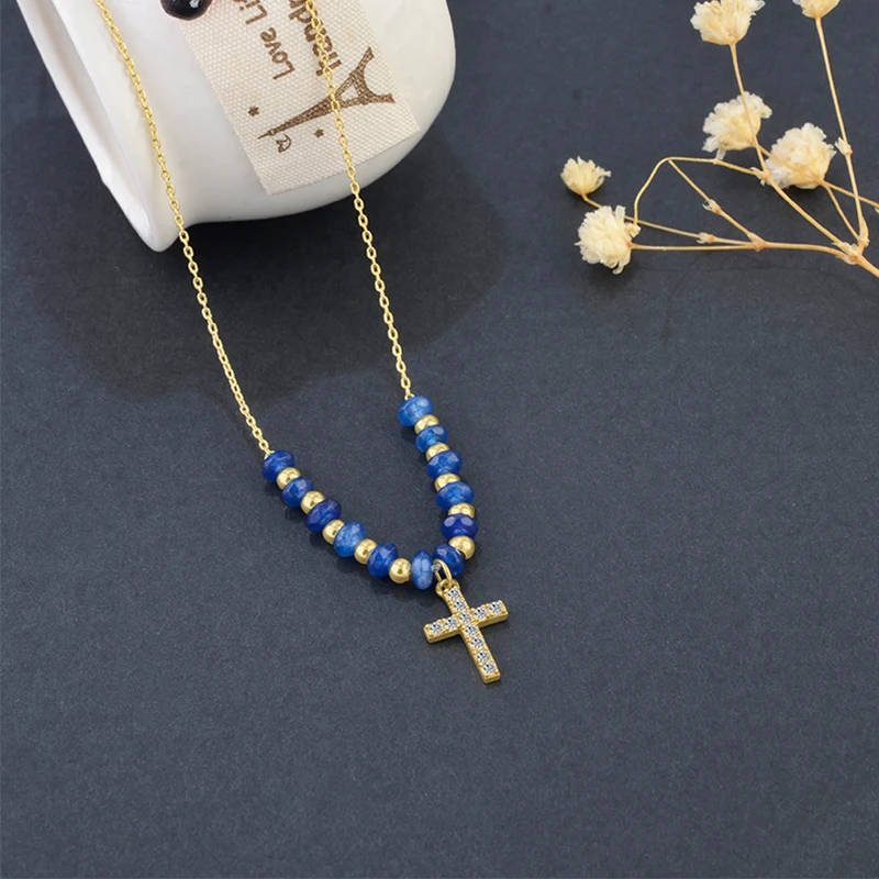 Hot Sale 925 Sterling Silver Gold Plated Necklace Blue Stone Beaded Shiny Zircon Cross Pendant Charm Necklace