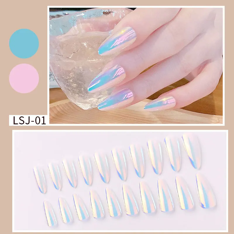 Wearable Stiletto Press On Full Cover Long False Nail Tips Easy Nail Art Decorations Laser Aurora Magic Mirror Powder Stickers
