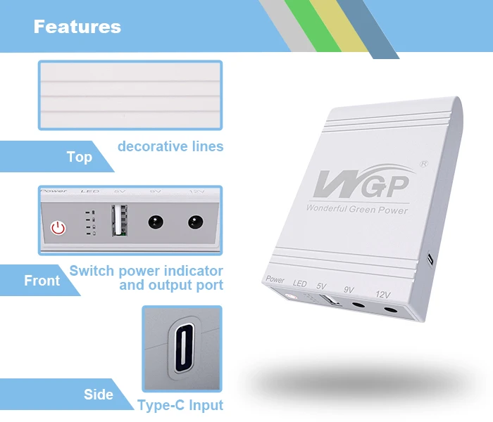 WGP Type-c portable mini ups dc12v mini ups WiFi Power 10400mAh USB Mini 12V 9V 5V DC UPS for wifi router