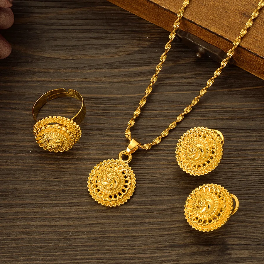 Europe And America Bohemia18k Gold Plated Beautiful African Eyes Ethiopian Ornament Earrings Rings Necklaces Women Jewelry Sets