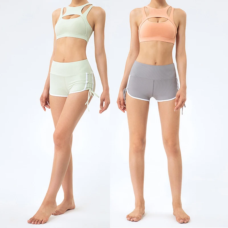 drawstring fitness gym shorts for women custom private label tummy control yoga shorts ribbed workout biker shorts