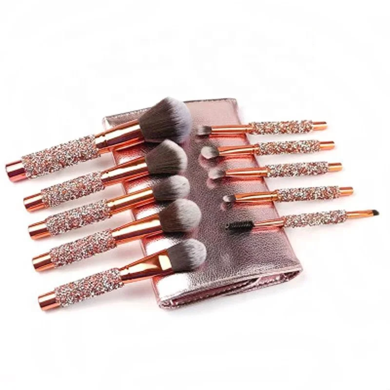 
jewel rose gold face hair piece magnet beauty glam 12pcs sparkling brass ferrule handle wholesale synthetic crystal makeup brush 