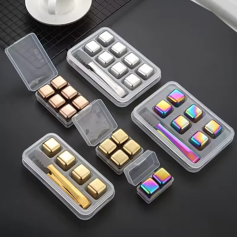 Reusable Cooling Stainless Steel Whiskey Stones Customized LOGO gift Box Metal Ice Cubes Rocks for barparty