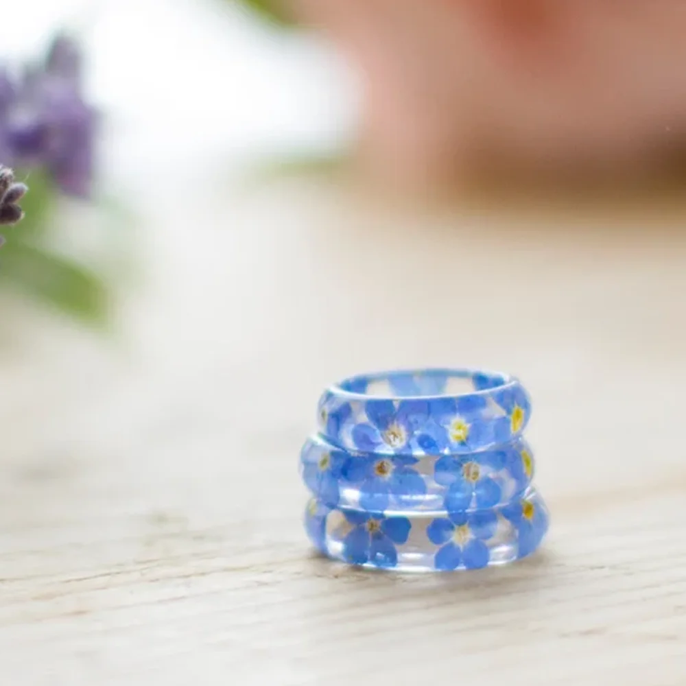 Factory Price Forest Series Forget Me Not Jewelry Transparent Epoxy Resin Real Flower Ring