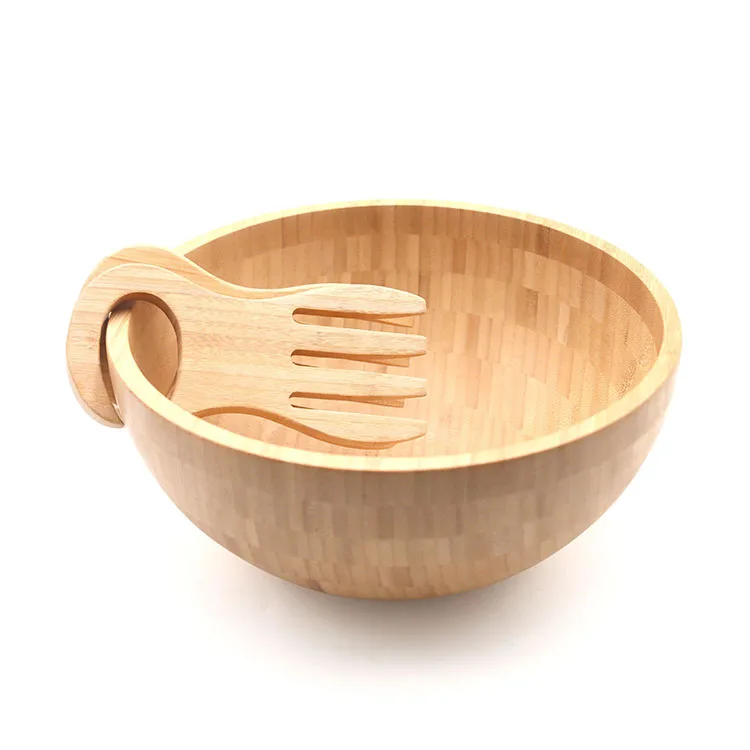 Wholesale Large Serving Bowls Environmentally Friendly Salad Bowls Natural Bamboo Bowls with 2 Server Utensils for Meals