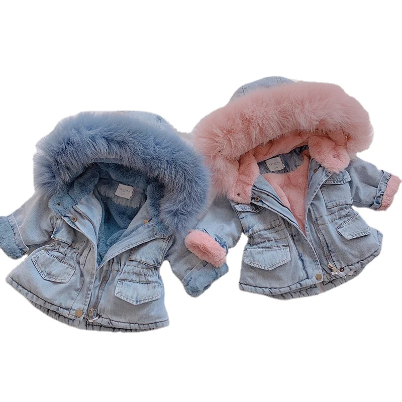 
Winter Baby Girl Denim Jacket Plus Fur Warm Toddler Girl Outerwear Plush denim jacket cotton 1-5 Years Kids Infant Girl 
