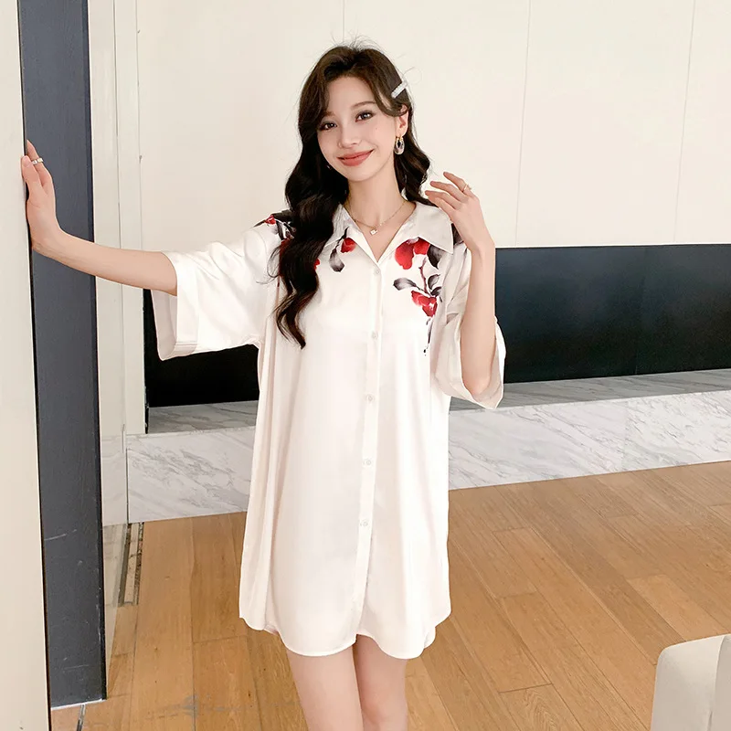Samwestart wholesale free size long shirt printed nightgowns women one size pajamas luxury lingerie satin nighty