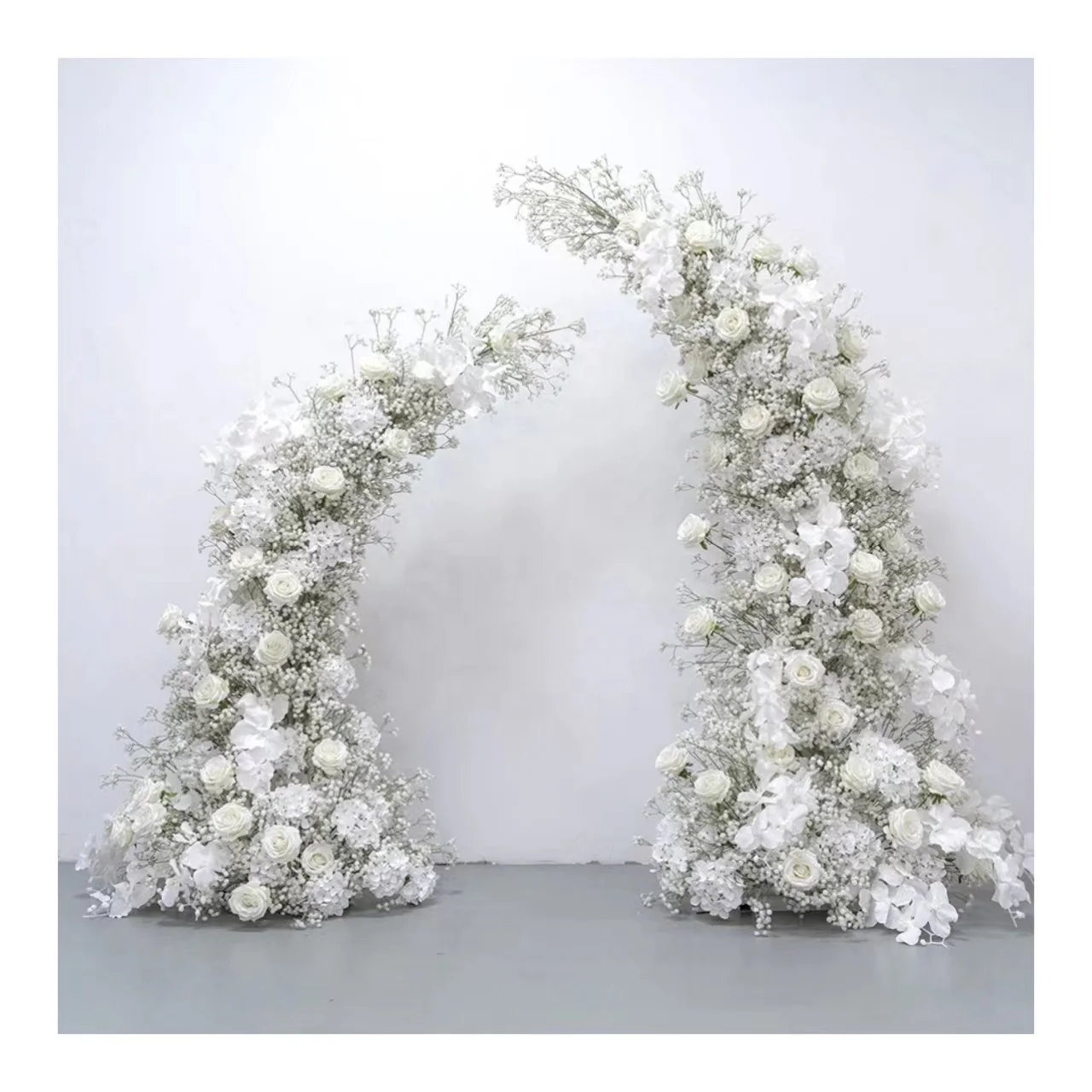 White Babysbreath Orchid Hydrangea Floral Arrangement With Horn Arch Frame Wedding Backdrop Flower Stand