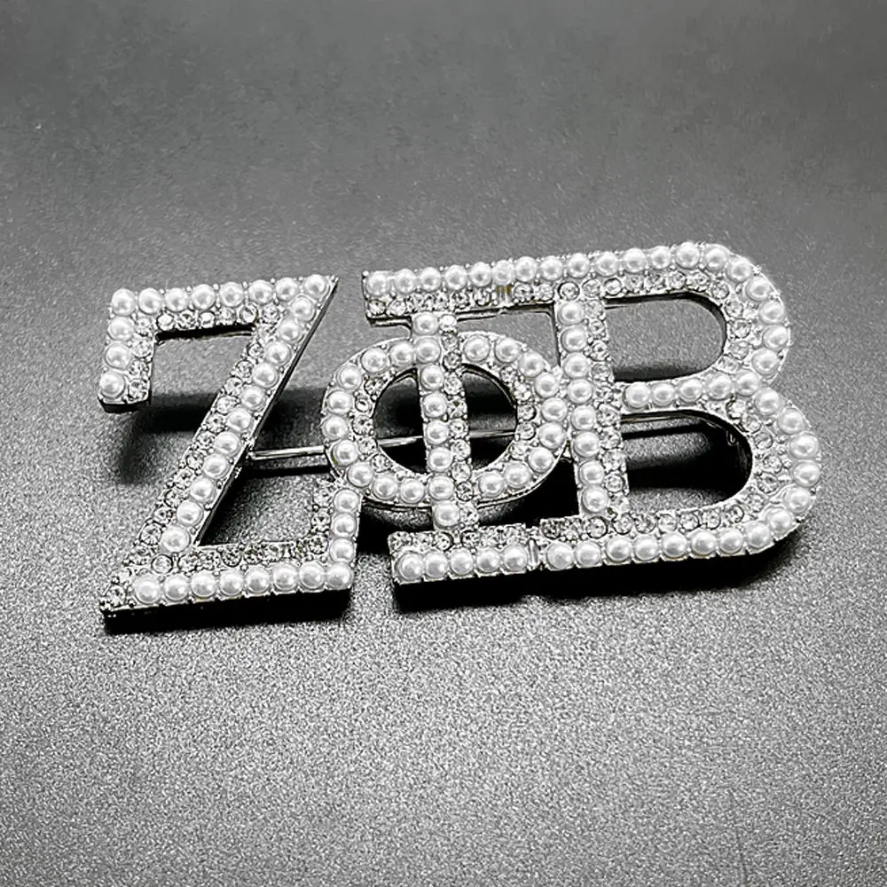 Low Price Wholesale Silver Tone Zeta Phi Beta Inspired Pin Pearl Rhinestone Inlaid Custom Letter Designer ZPB Sorority Brooch