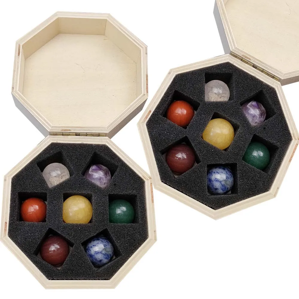 Оптовая продажа, деревянная восьмиугольная Подарочная коробка из натурального полированного кристалла, сферы неправильной формы, Нефритовый комплект семь чакр в подарок