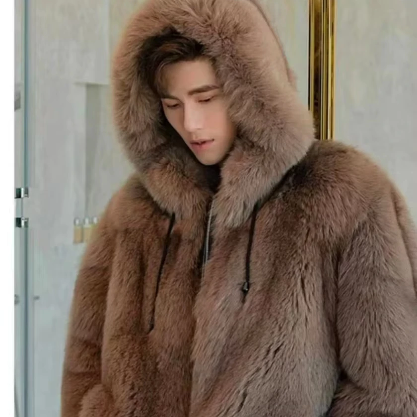 2024  Winter  Men  Warm  Fox  Fur Jacket  with Hood   Fashion  Fox  Fur  Coat for Men
