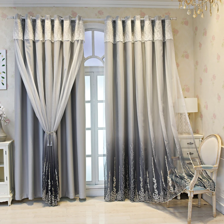  2020 New Design Double Layer Wholesale Curtains Living Room Hand Feather Embroidery Heavy Blackout