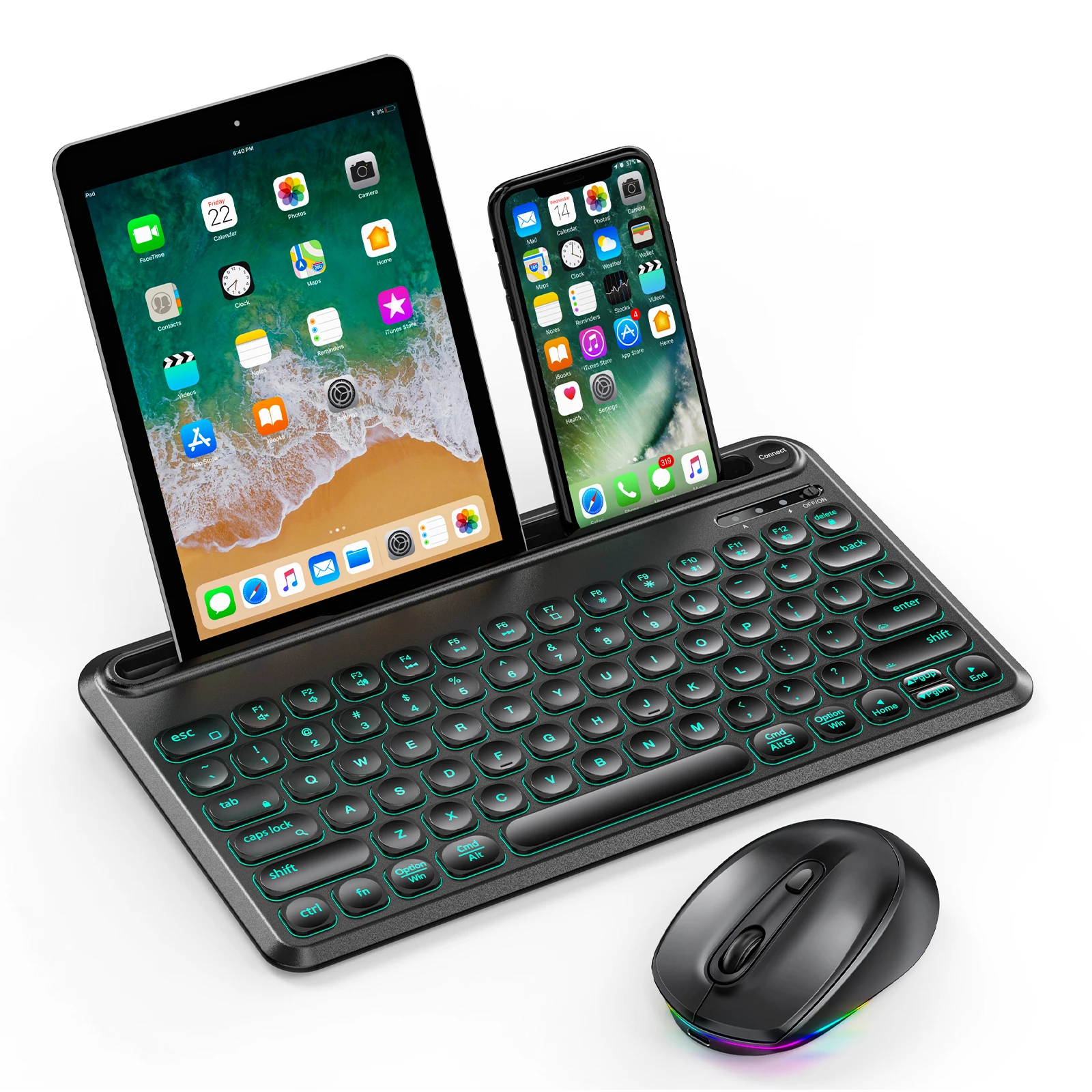 Перезаряжаемая клавиатура и мышь с подсветкой RGB для нескольких устройств портативная беспроводная со