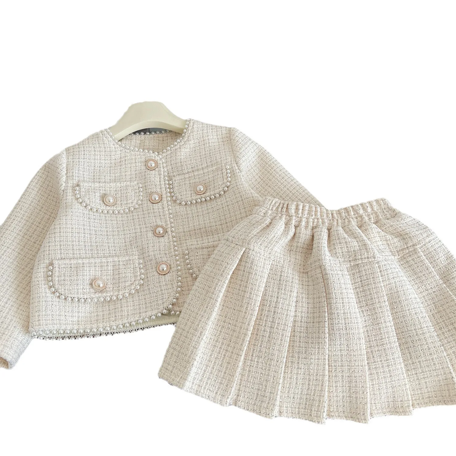 Children spring and autumn fashion Girls small Classic two-piece set Baby Retro Small dress with White Coat