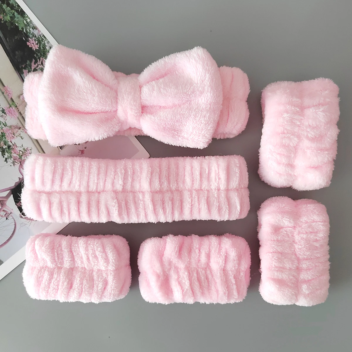 High quality spa solid color bow headband, flannel soft face and makeup wristband set