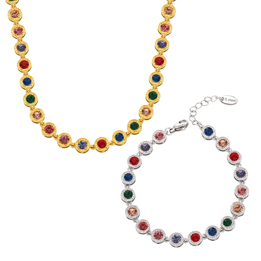 Fine Jewelry Stainless Steel Bling Round Cubic Zircon Tennis Chain Necklace Bracelet Jewelry Set Colorful Gemstone Necklace