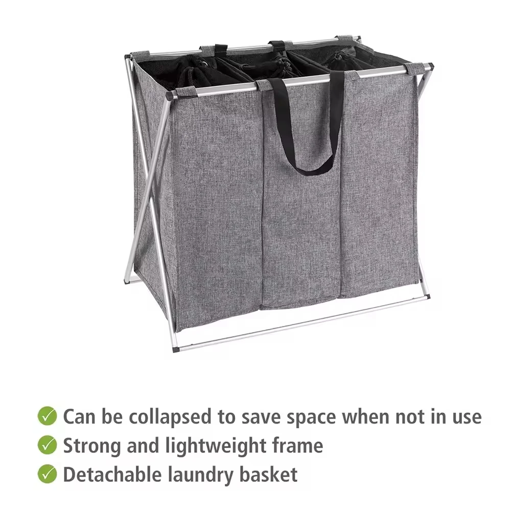 High quality aluminium frame 3 compartments laundry hamper basket
