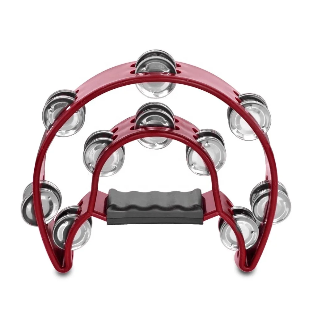 Musical Tambourine Double Row Metal Jingles Hand Held Percussion Drum for Gift KTV Party with Ergonomic Handle Grip Red