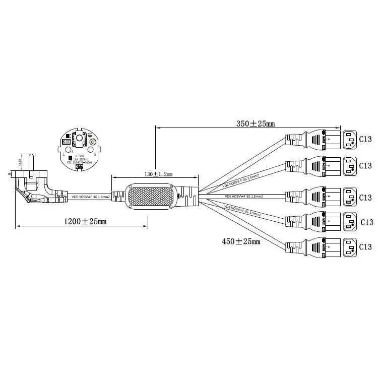 Новый европейский 3 полюс Мужской 5x C13 IEC 320 Женский Y Сплит шнур питания L = 1 5