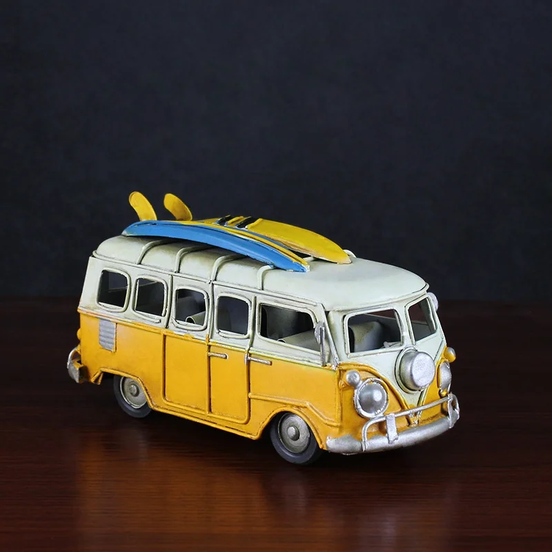 Handmade Metal Crafts European England Vintage Classic Bus Model With Skateboard Gift Home Office Decor