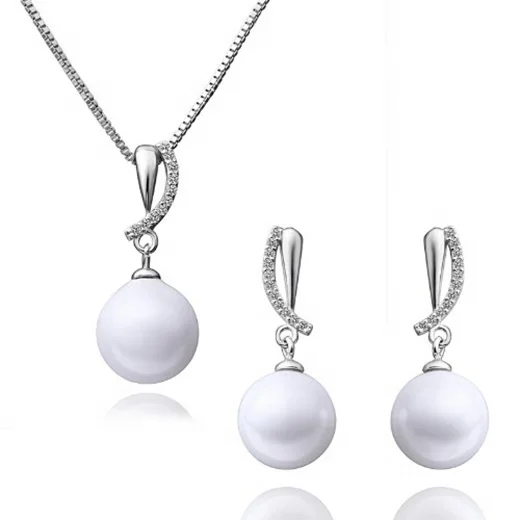 Pearl Jewelry Set 925 Sterling Silver Classic CZ Accent Curly Stem Freshwater Pearl Drop Necklace Earrings Set
