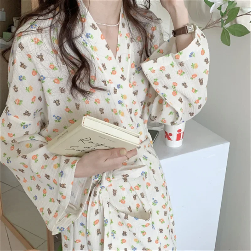 Women Long Sleeve Bath Robes 2024 Spring Autumn Cute Cartoon Bathrobe Female Casual Home Clothes Sexy Nightgown Sweet Kimono