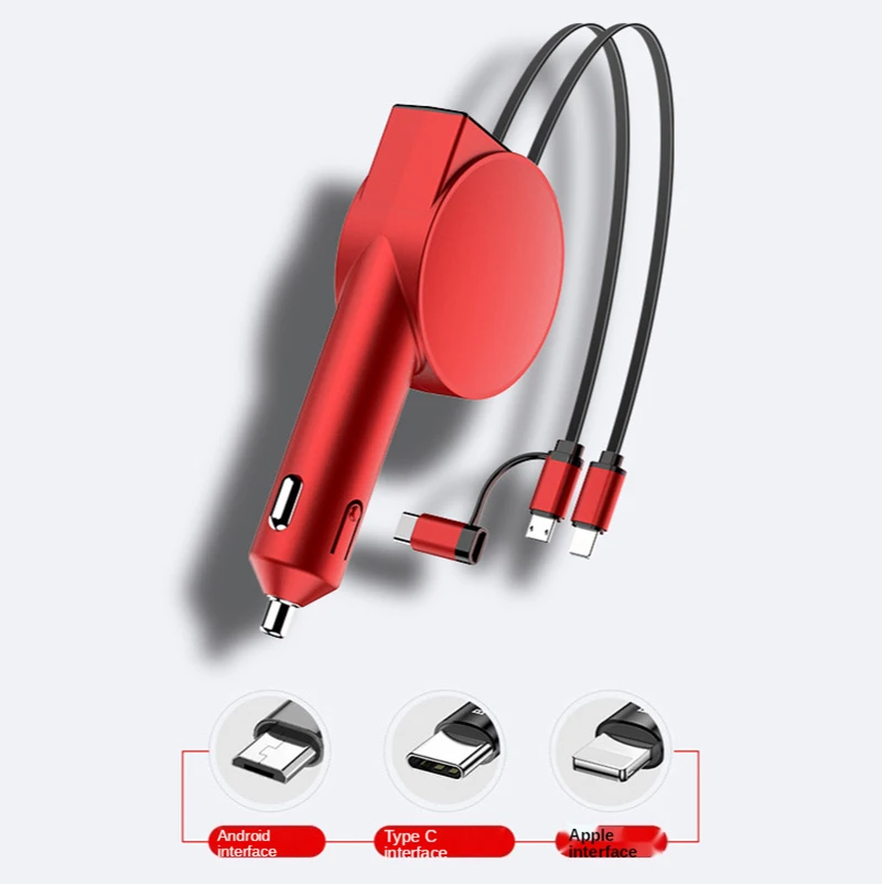 New 60W Super Fast Charging 3-in-1 Car Charger with Telescopic Charging Cables and Adapters For Android IOS Phone