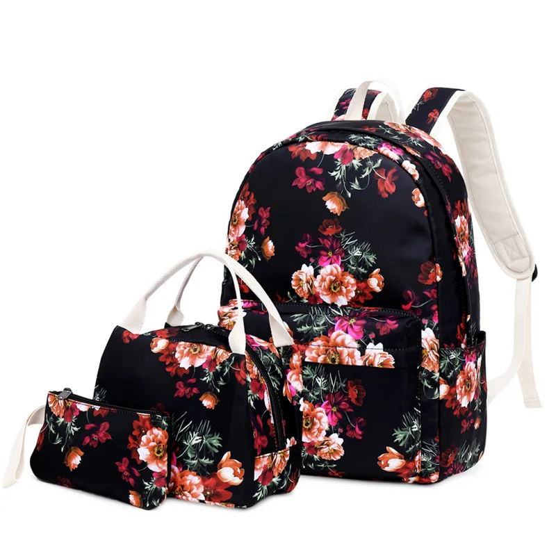 
3pcs/set Nylon Waterproof Printing backpack Women School Bag for Teenagers Girls Student Bookbag with Lunch Box 