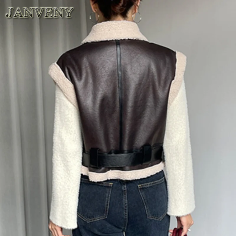 JANVENY 2024 New Winter Autumn Faux Shearling Short Waistcoat Women Lapel Collar Solid Zipper Brown Cropped Sleeveless Vest