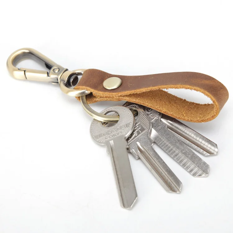 Vintage Leather Gift Custom Embossed Logo Key Chain Key Ring Real Crazy Horse Leather Carabiner Armband Keychain